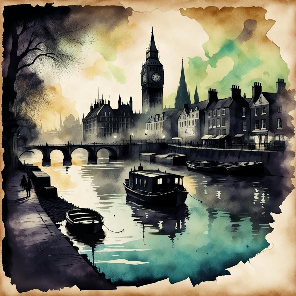 River Thames Steampunk Boat Silhouette, Ink Painting