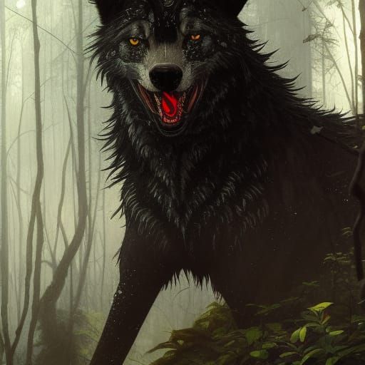 High Gothic Black Wolf Portrait in Dark Forest