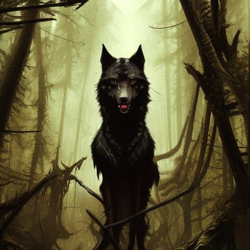 High Gothic Black Wolf in Decaying Forest