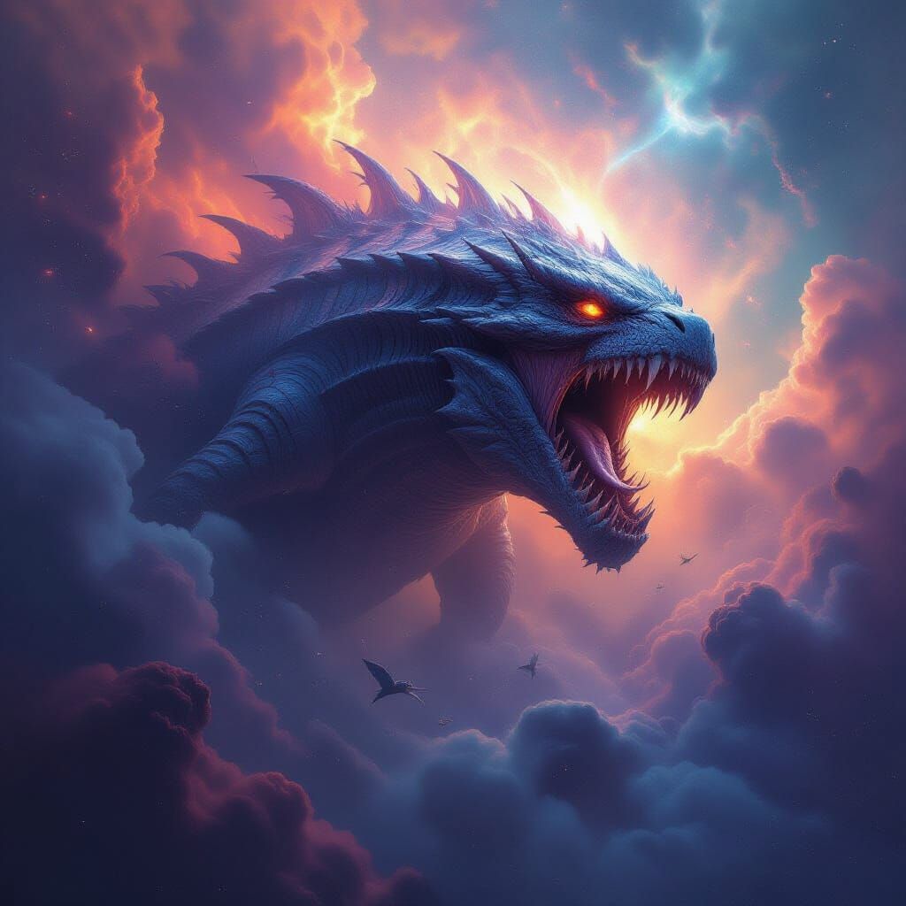 Cosmic Leviathan Emerging from Nebula in Painterly Realism