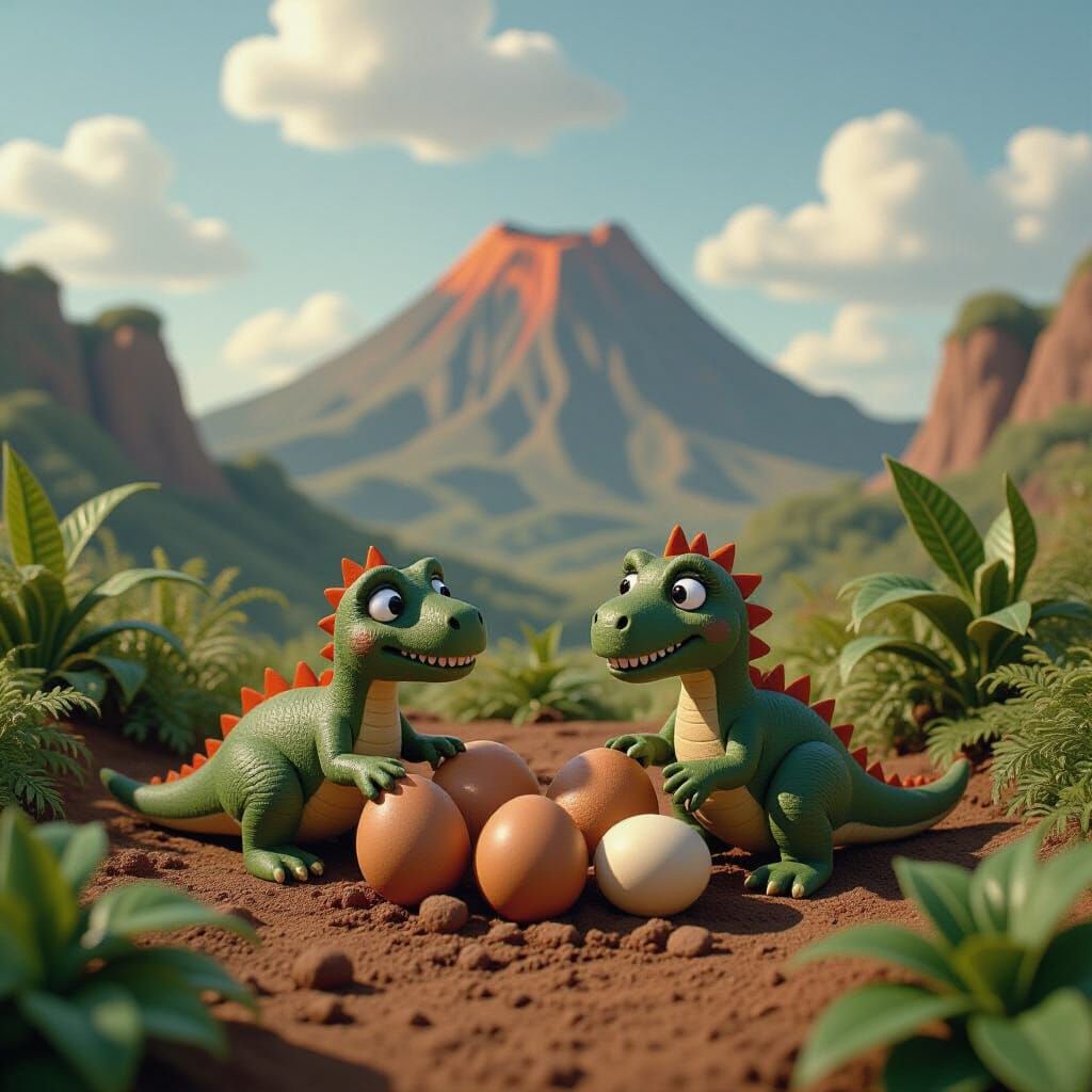 Dinosaur Hatching Scene in Claymation Style