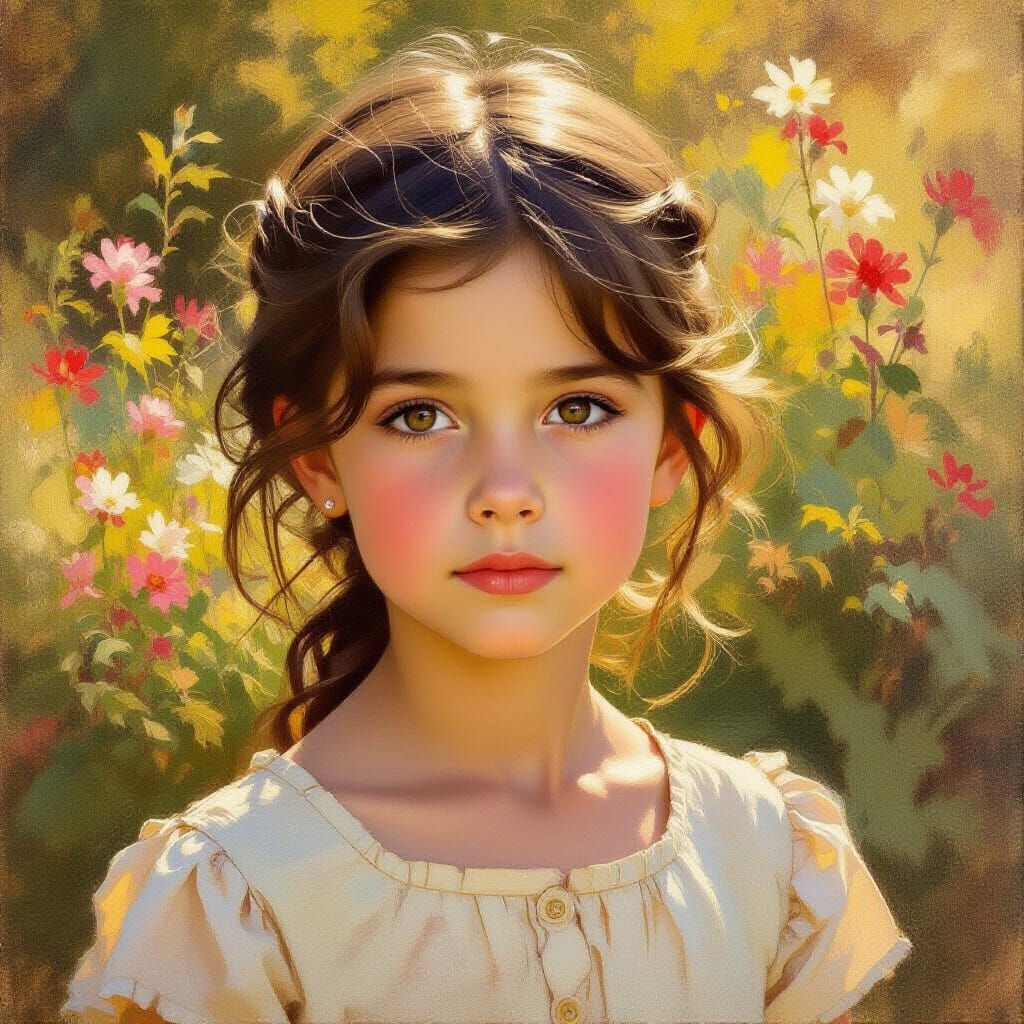 Vibrant 19th Century Realist Portrait: Girl with Knowing Eye...