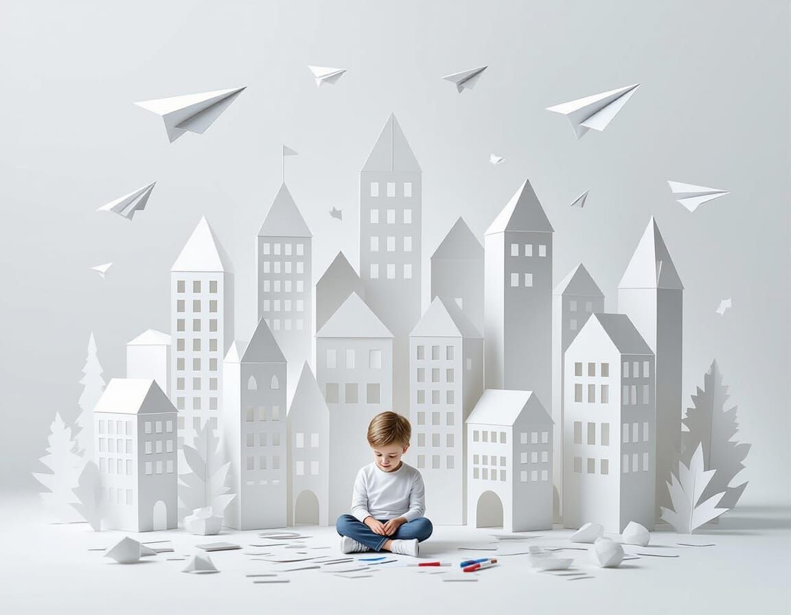 Whimsical White Paper City with Origami Buildings