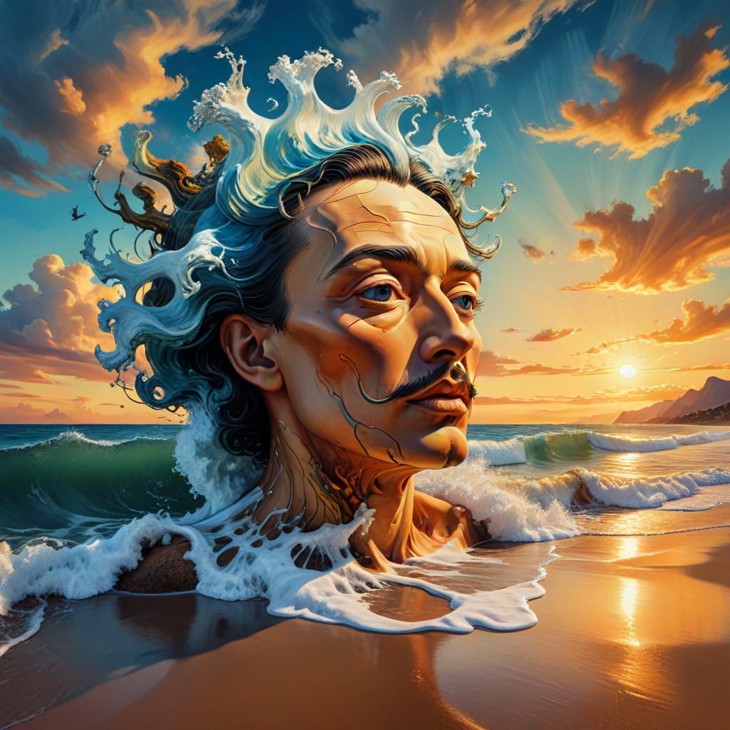 Surreal Mannequin Head on Beach in Van Gogh Style