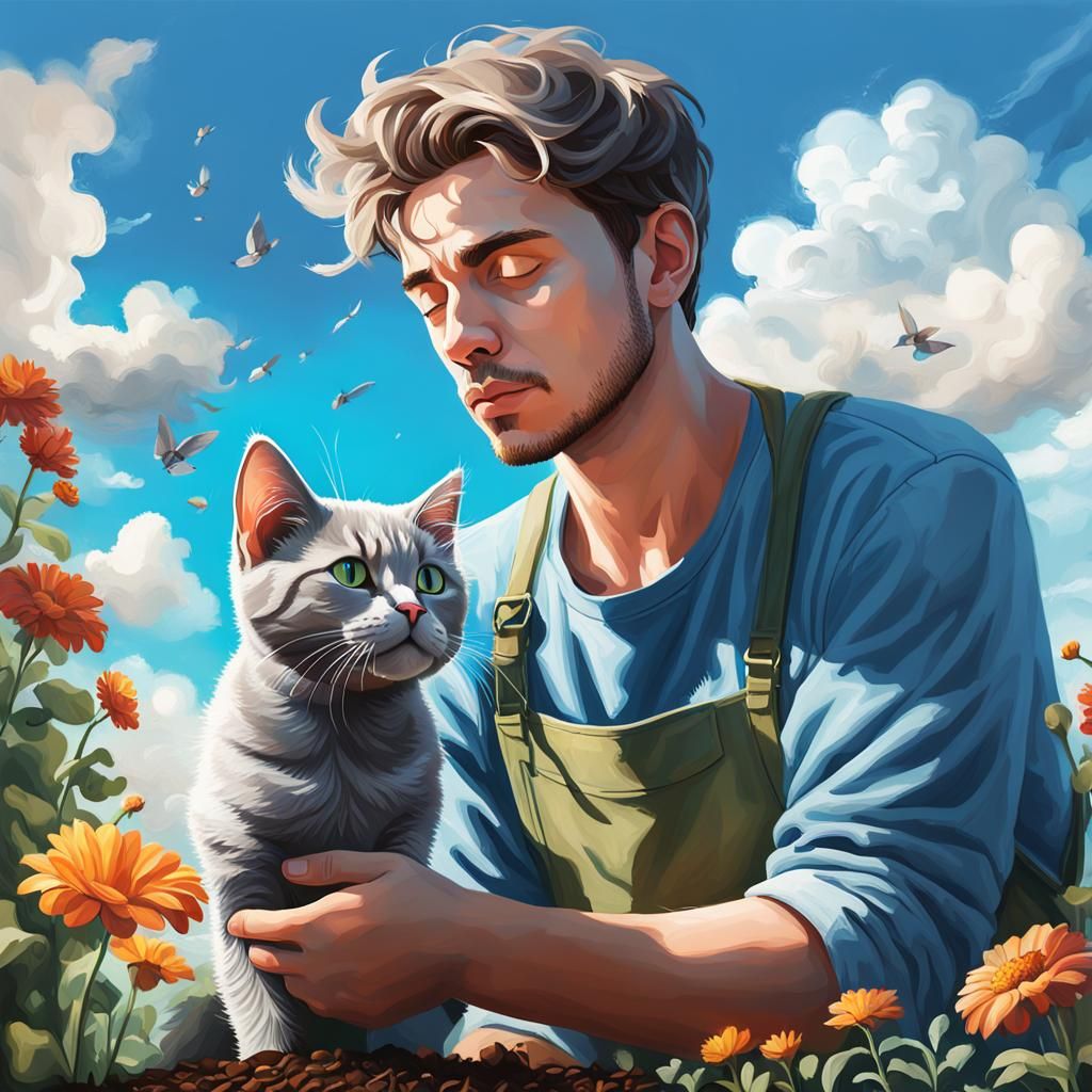 Young Man and Kitten Planting Garden: Hyperrealistic Art