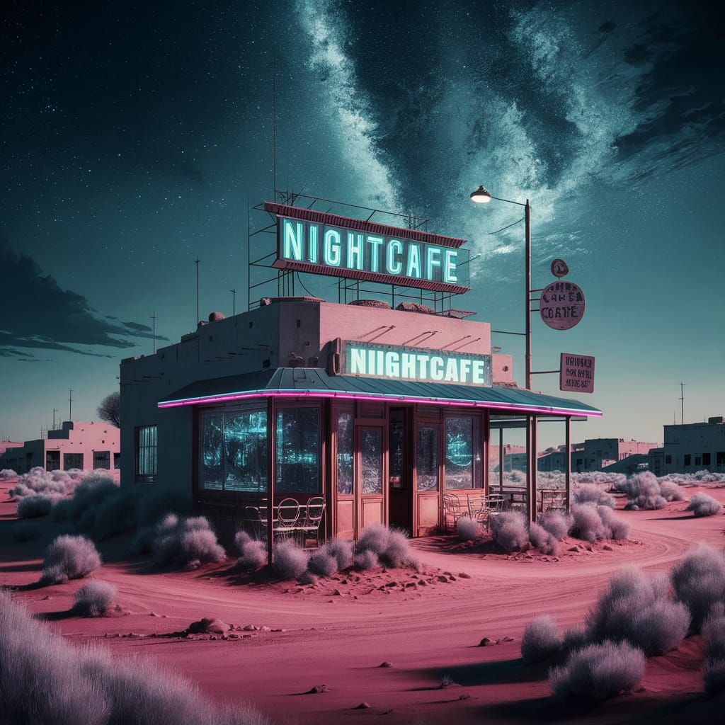 Desert Town's Neon Cafe: Moebius-Style Oil Painting