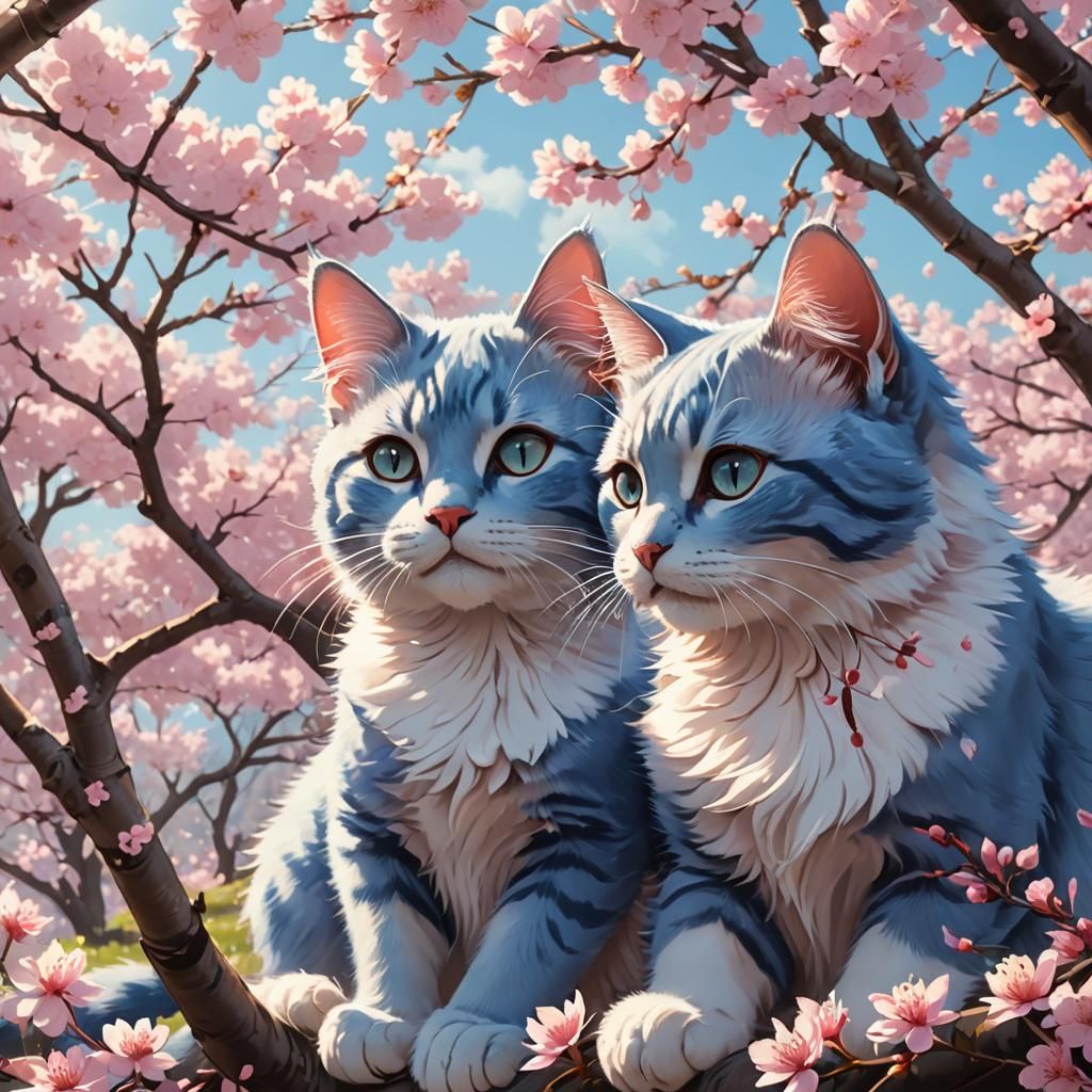 Blue Cats Playing Under Cherry Blossoms: Anime Art