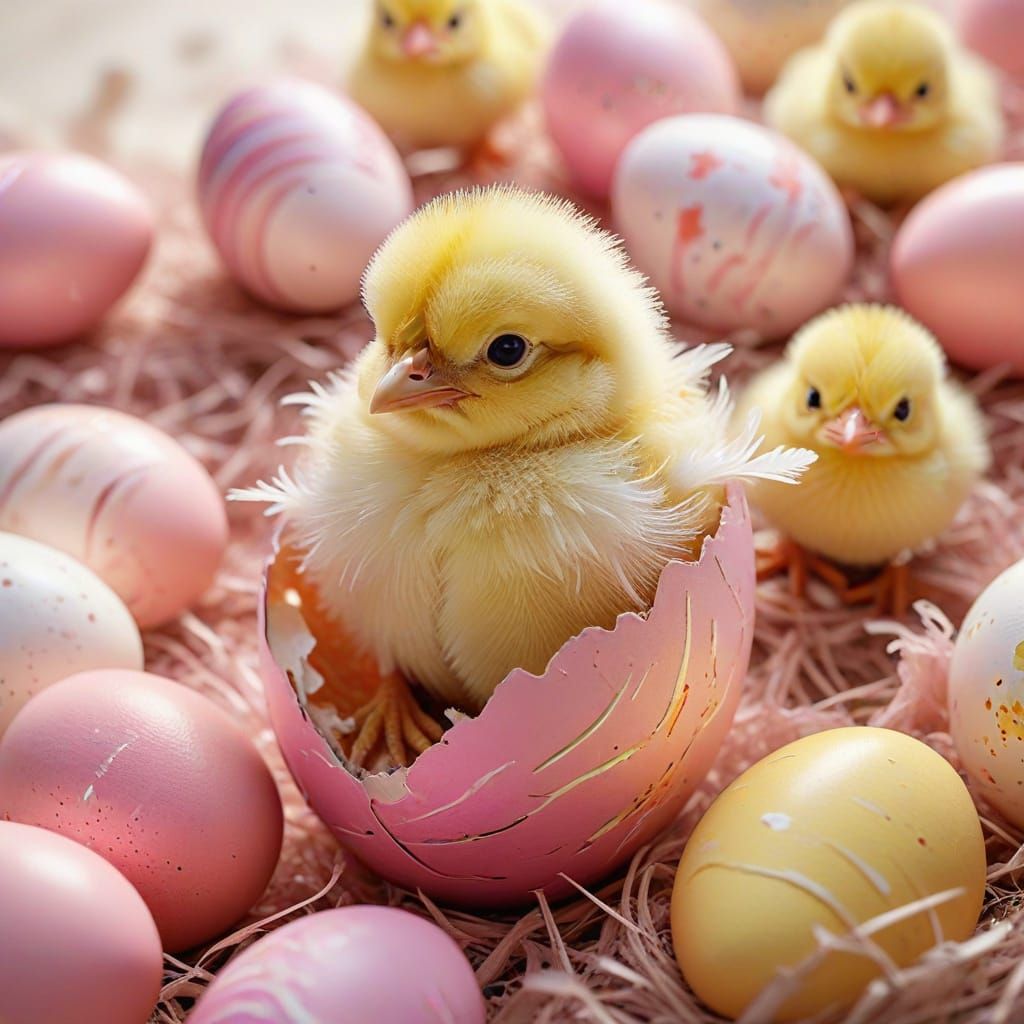 A Whimsical Baby Chick Hatches from a Pastel Easter Egg