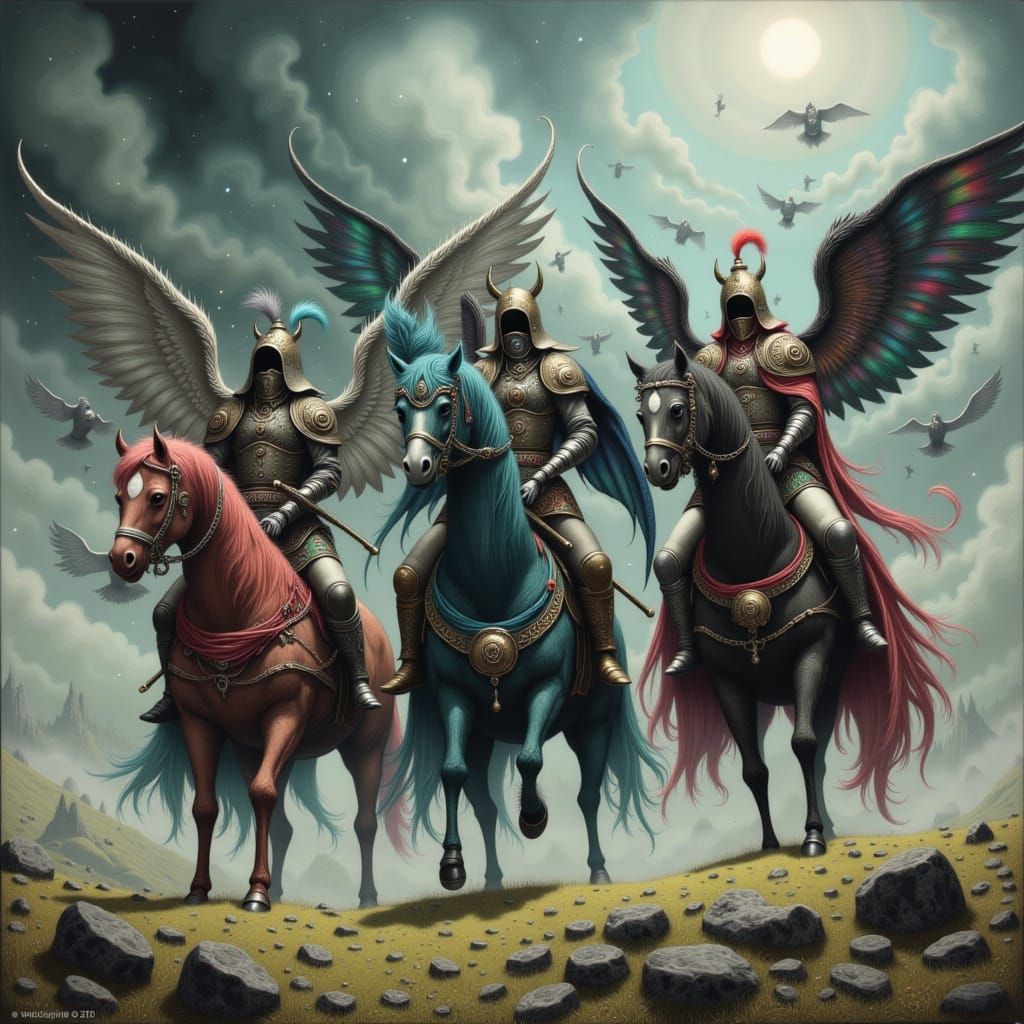 Valkyries Ride Winged Horses in Stormy Sky