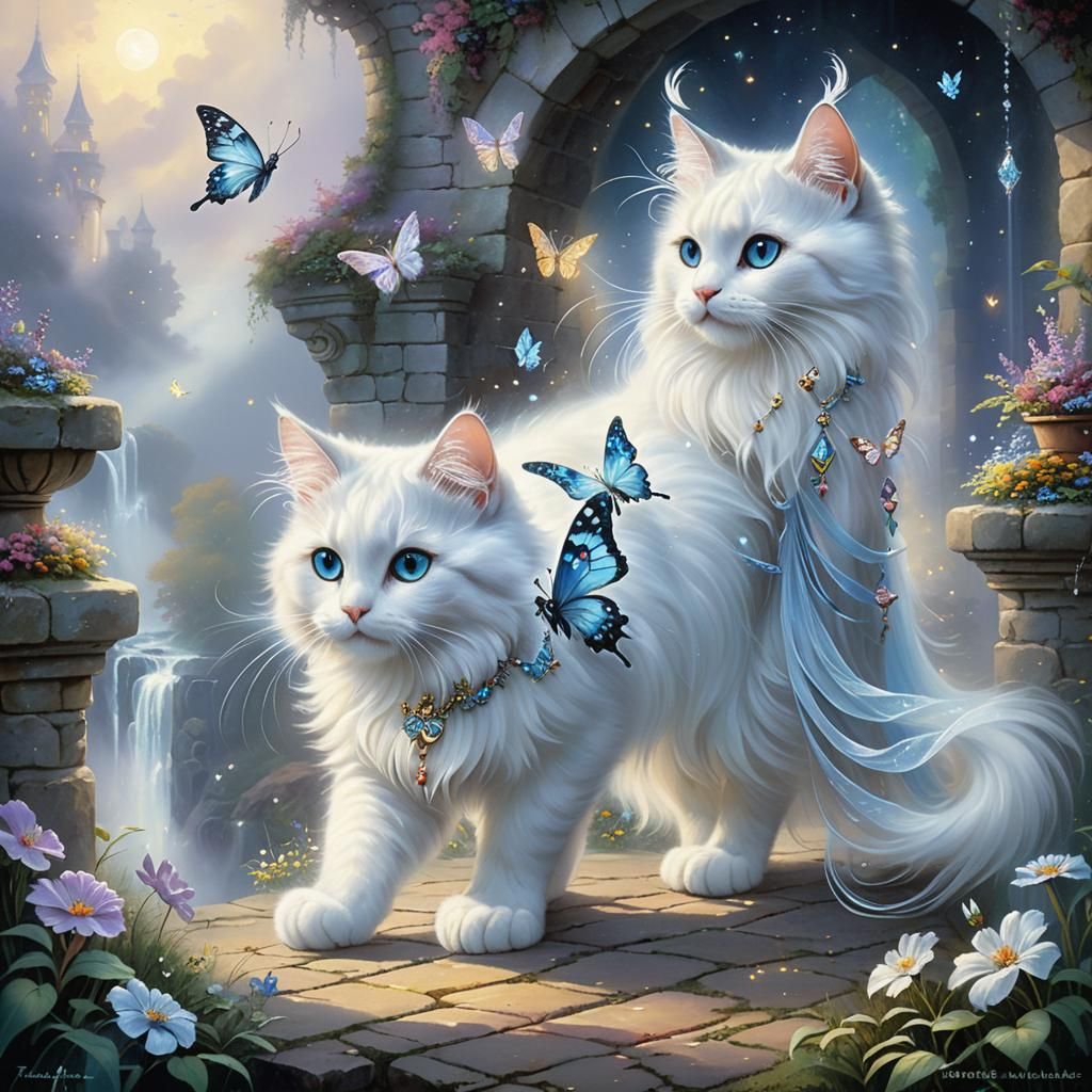 White Cat Plays with Butterflies in Ethereal Fantasy