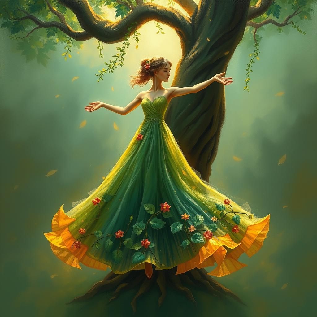 Ethereal Woman Dancing as a Tree, Impressionistic Style
