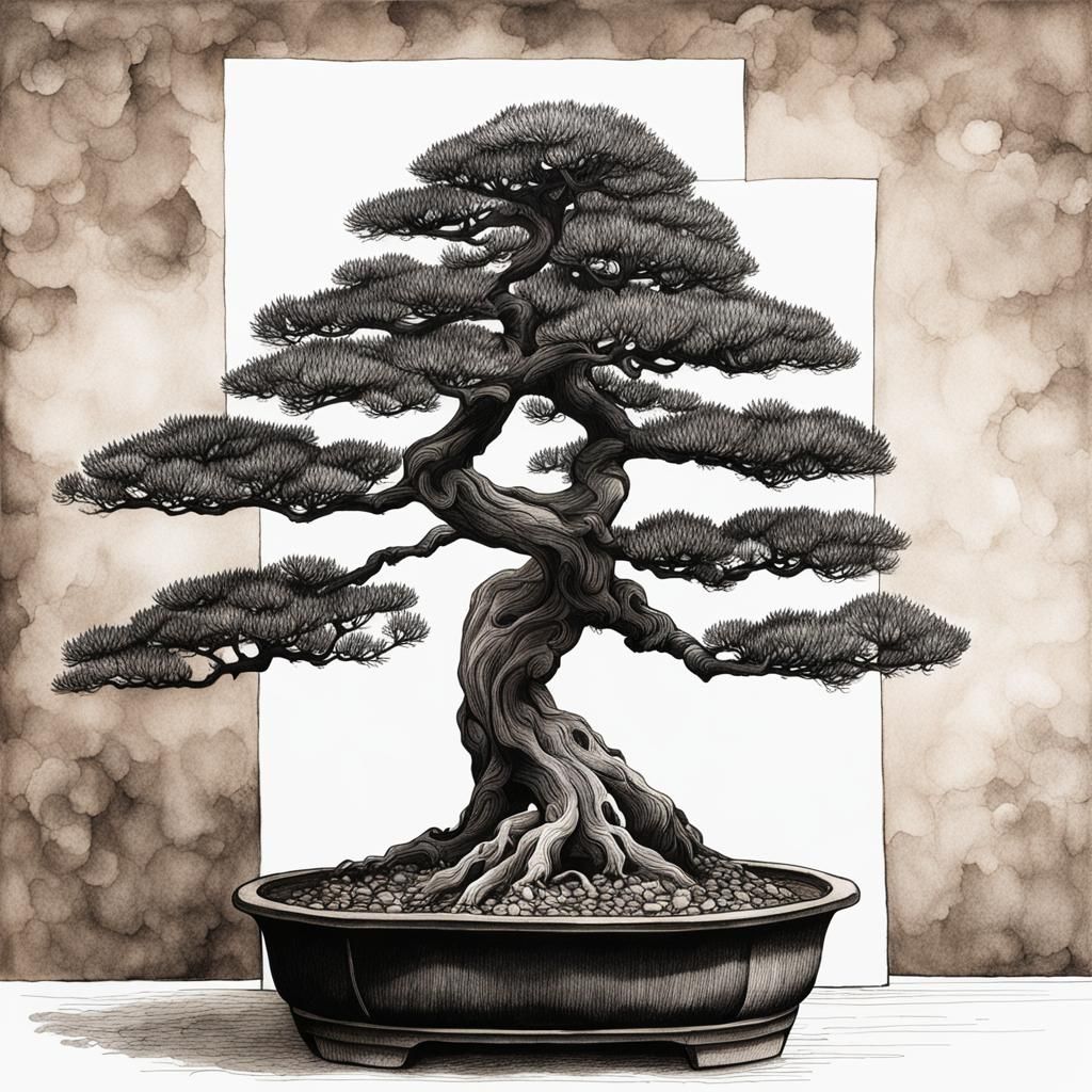 Realistic Botanical Ink Drawing of a Bonsai