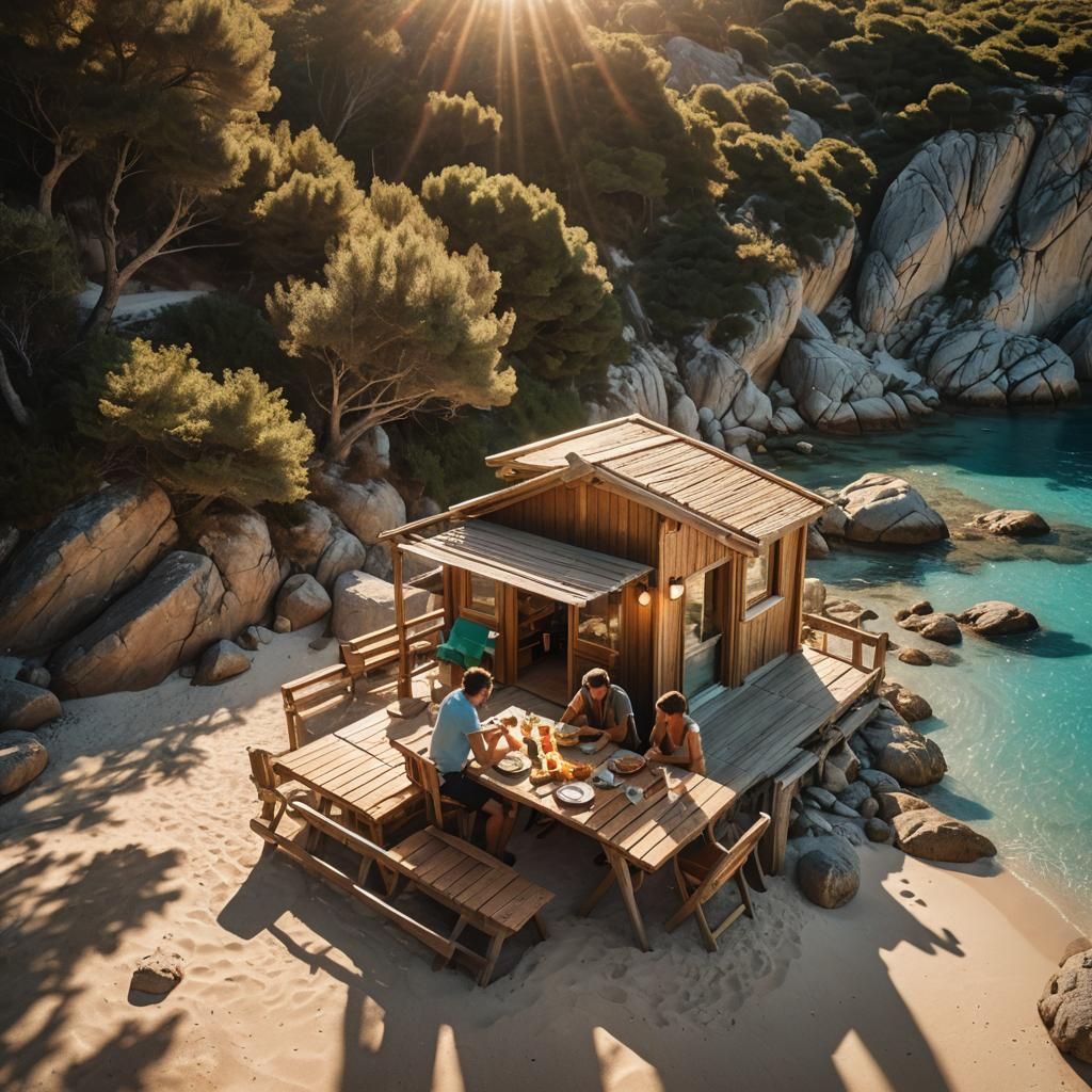 Cinematic Wooden Cabin Restaurant in Corsica's Secluded Cove