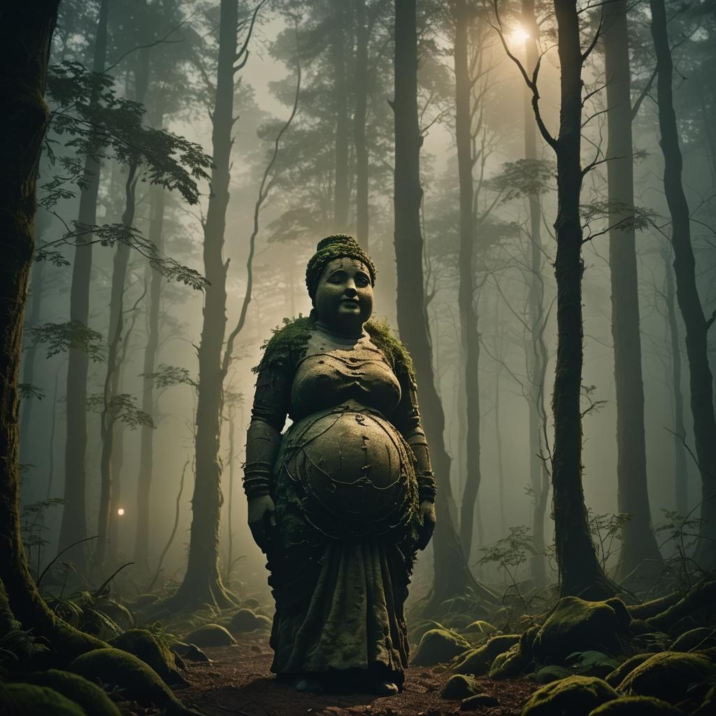 Willendorf Venus Figure in Misty Forest