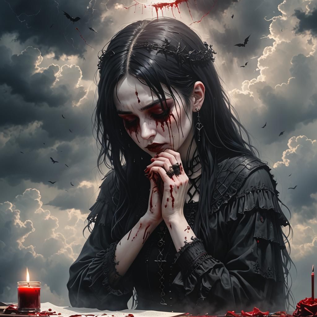 Heartbroken Goth Girl Writing in Blood
