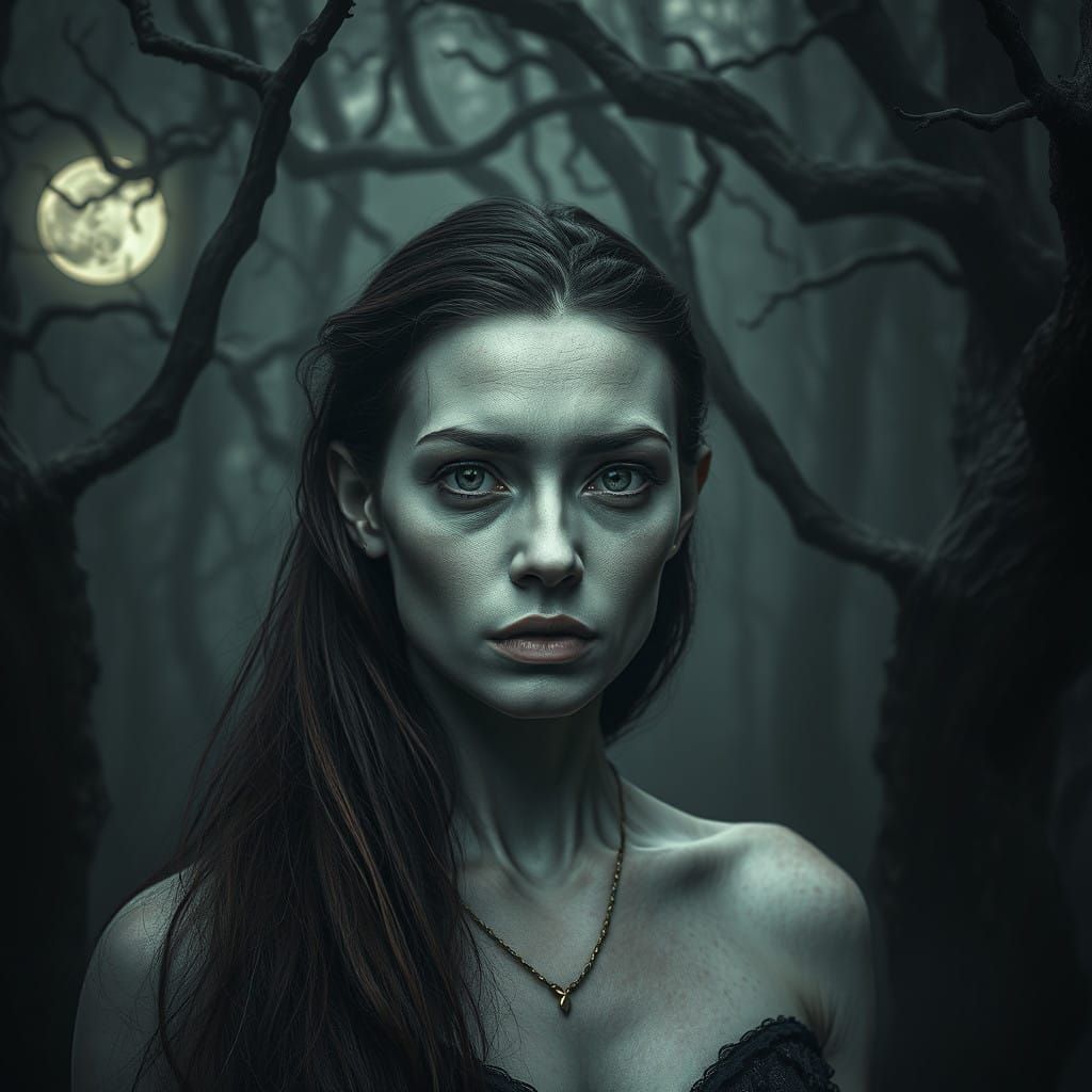 Mystical Woman of Stone in a Haunting Forest Landscape