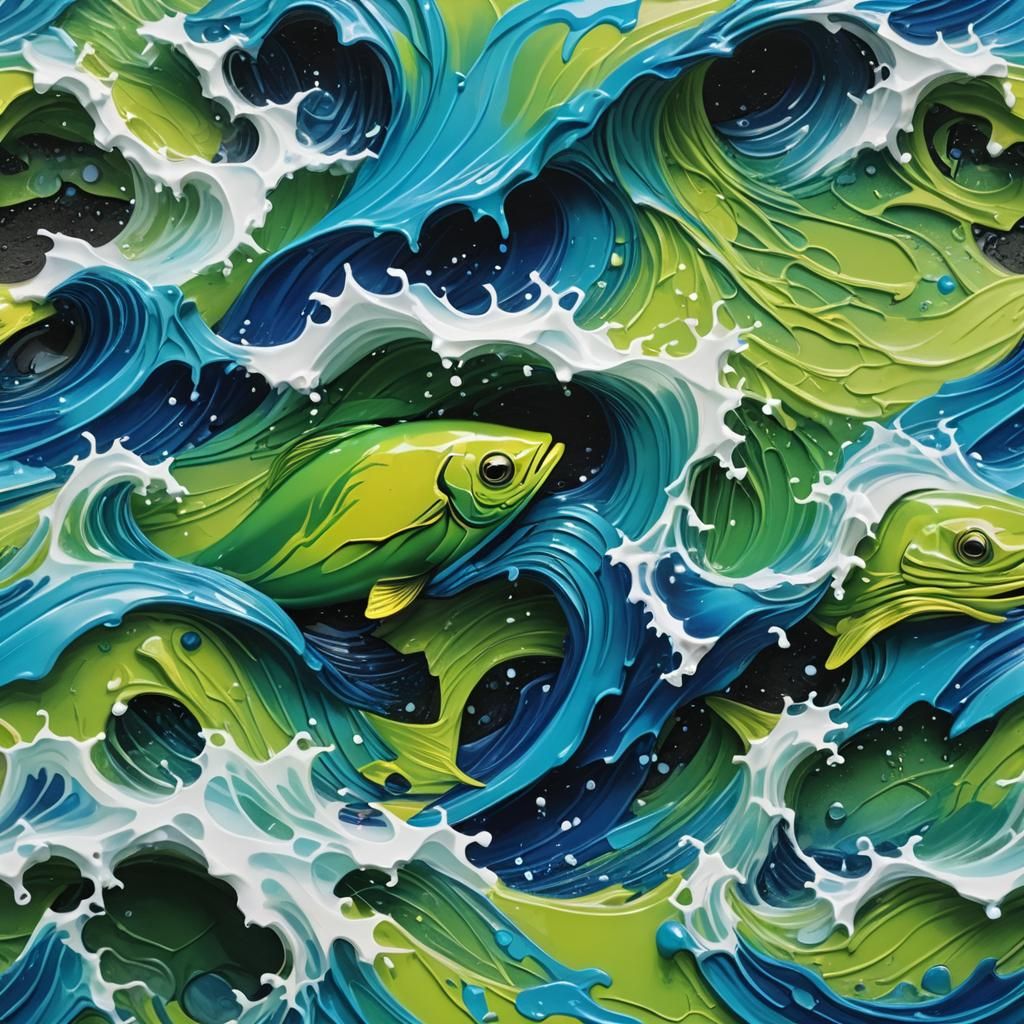 Hyper-Realistic Neon Wave with Fish in Graffiti Style