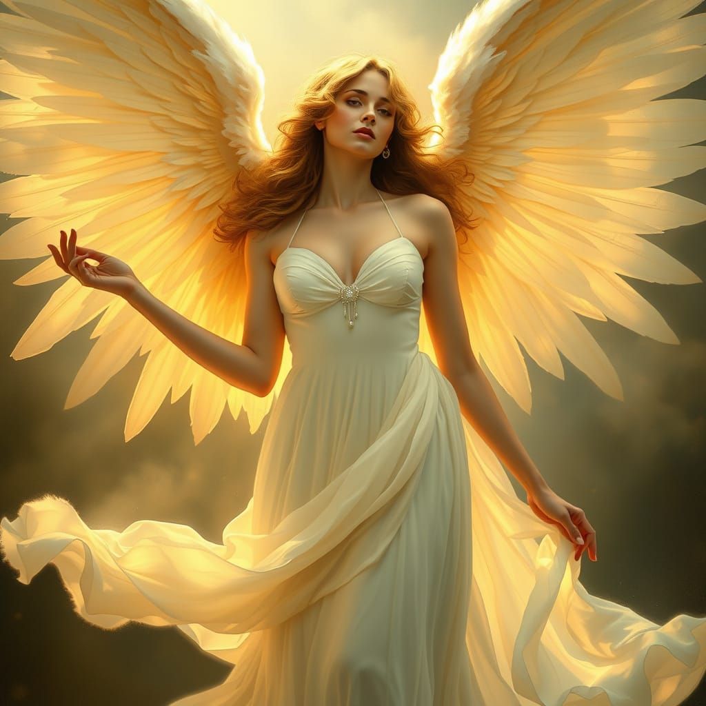 Serene Angelic Beauty in Whimsical Art Nouveau Style