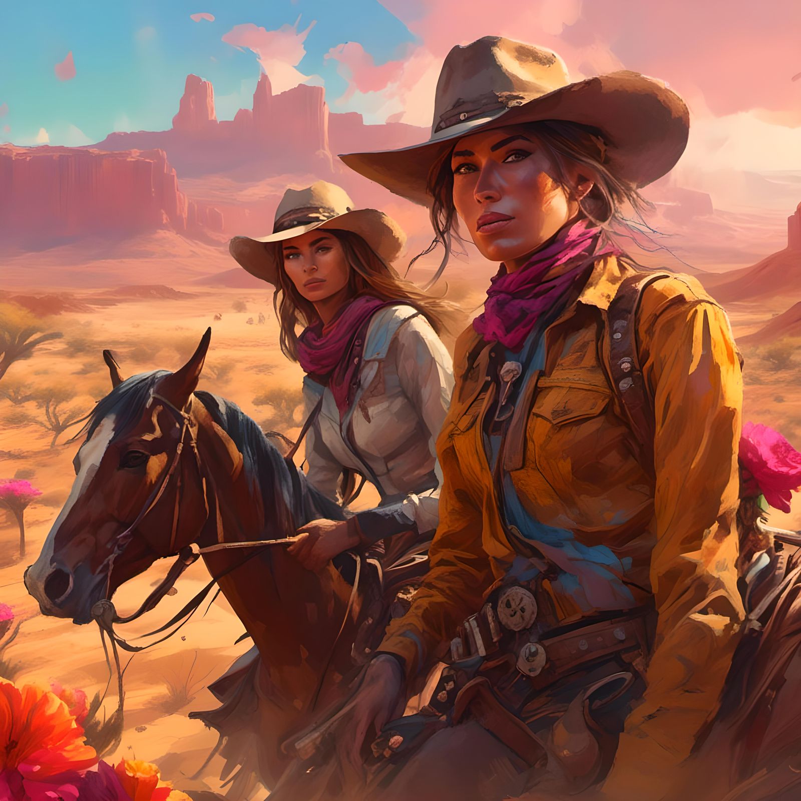 Cowgirl and Cowboy Ride Through Hyperreal Desert