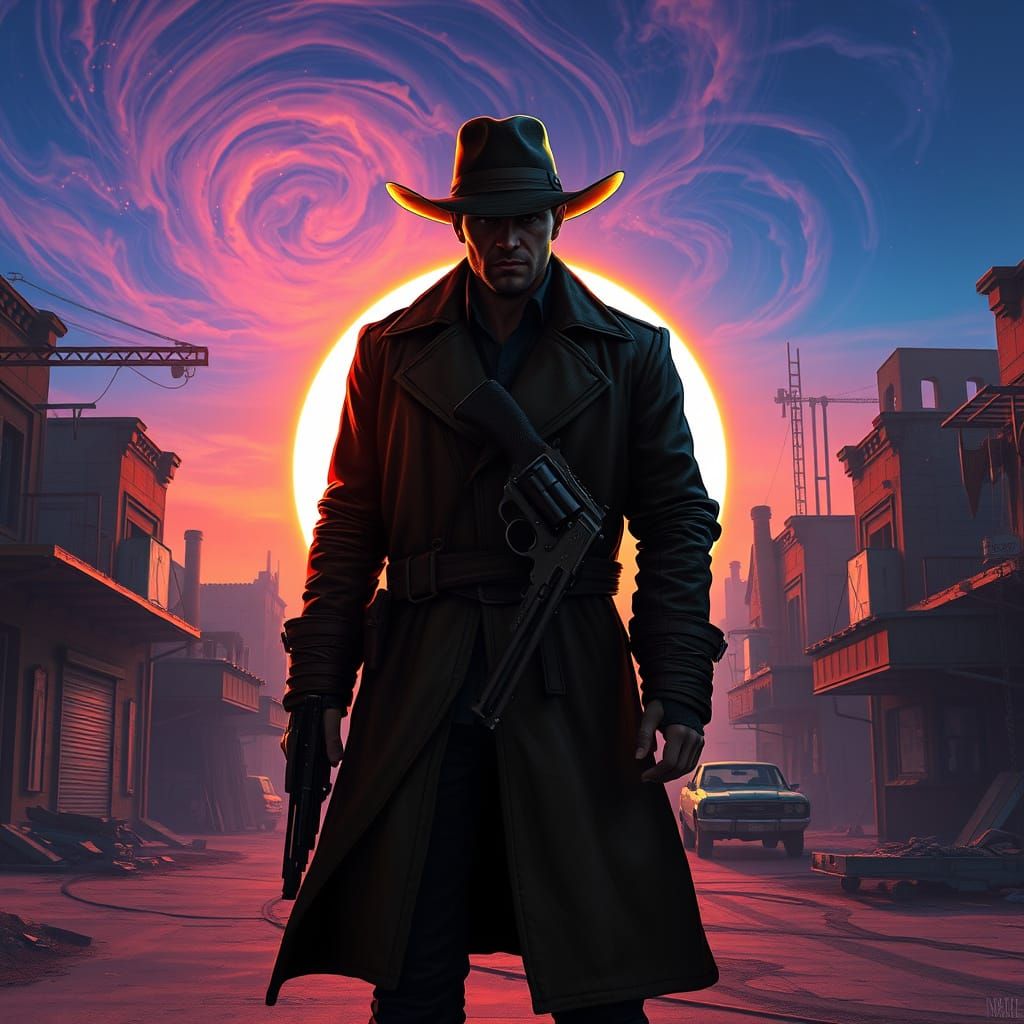 Lone Gunslinger Stands Silhouetted Against Alien Sunset in C...