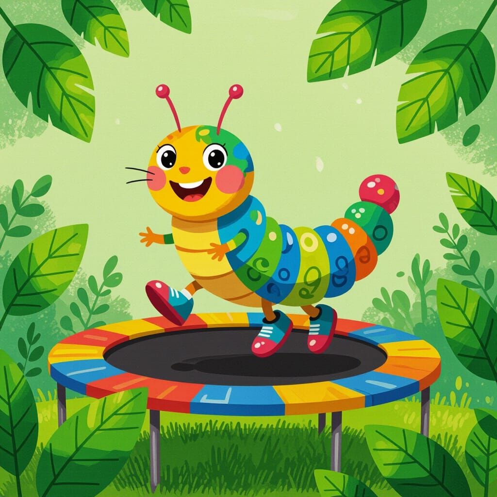 Excited caterpillar jumping on trampoline