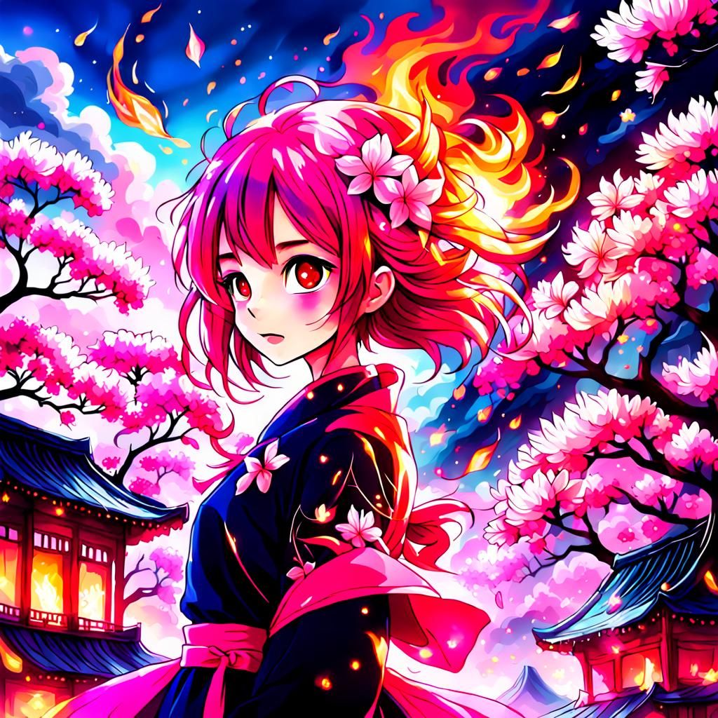 Hot Pink Fire Flowers: Fantasy Sakura Art
