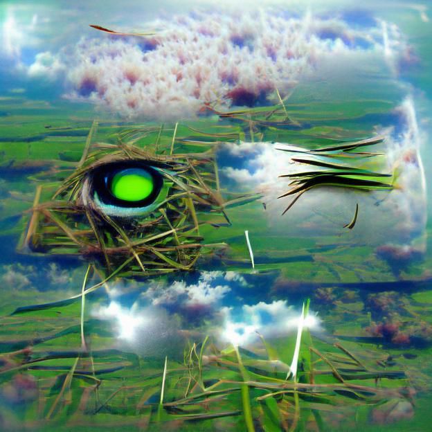 Surreal Grass Field with Eye in Sky: Weirdcore Art