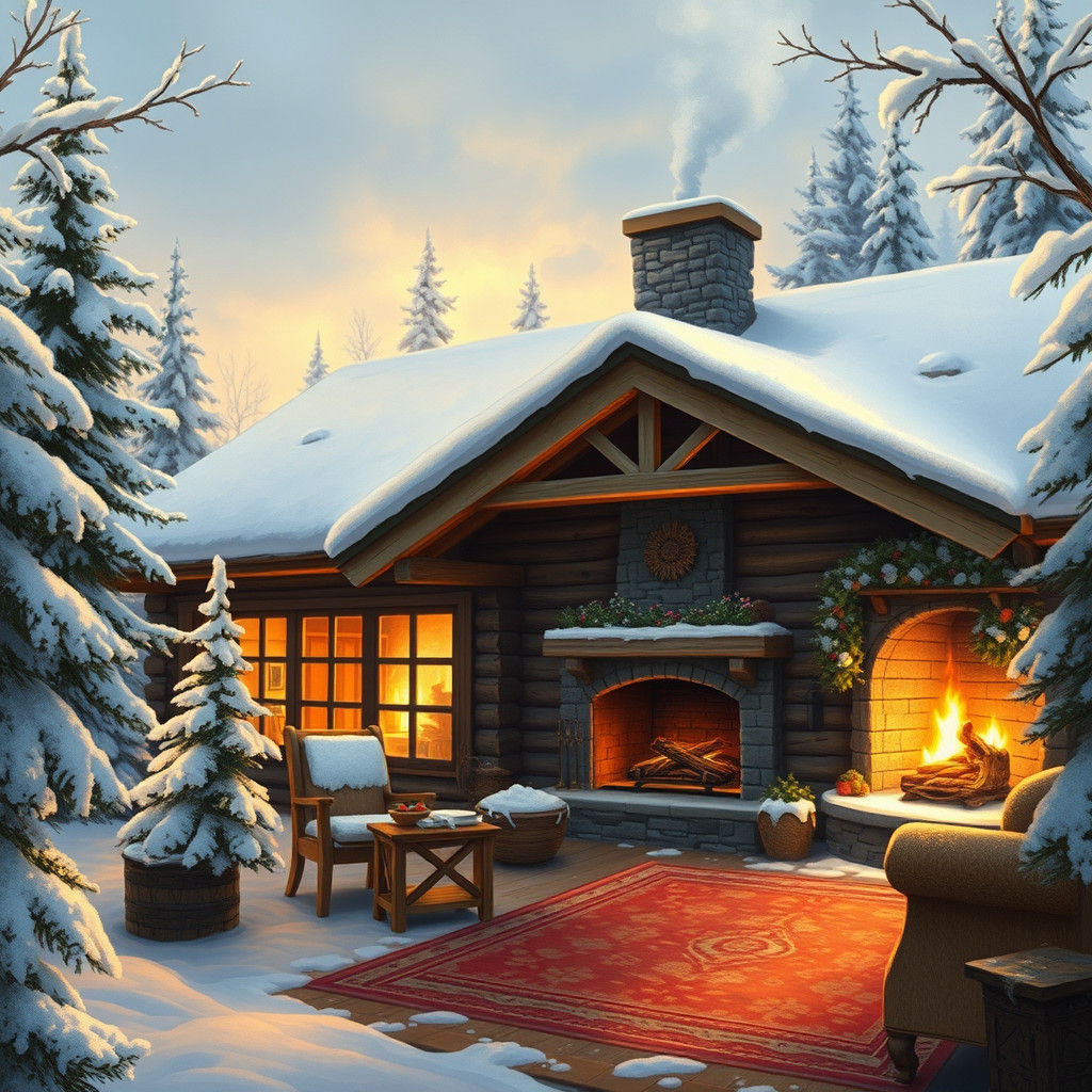 Cozy Winter Cabin in Snowy Forest