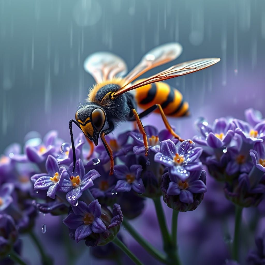 Vibrant Hornet perched on Lavender Blooms in a Rainy Morning