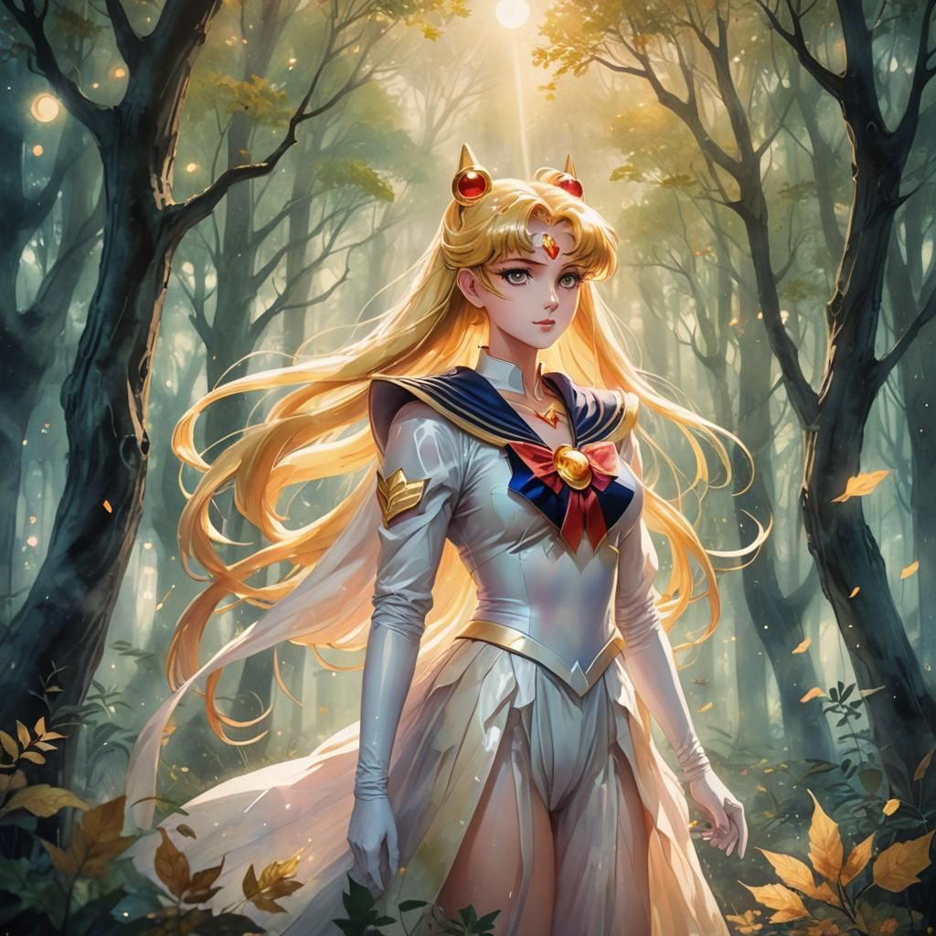 Sailor Moon in Mystical Forest: Anime Watercolor