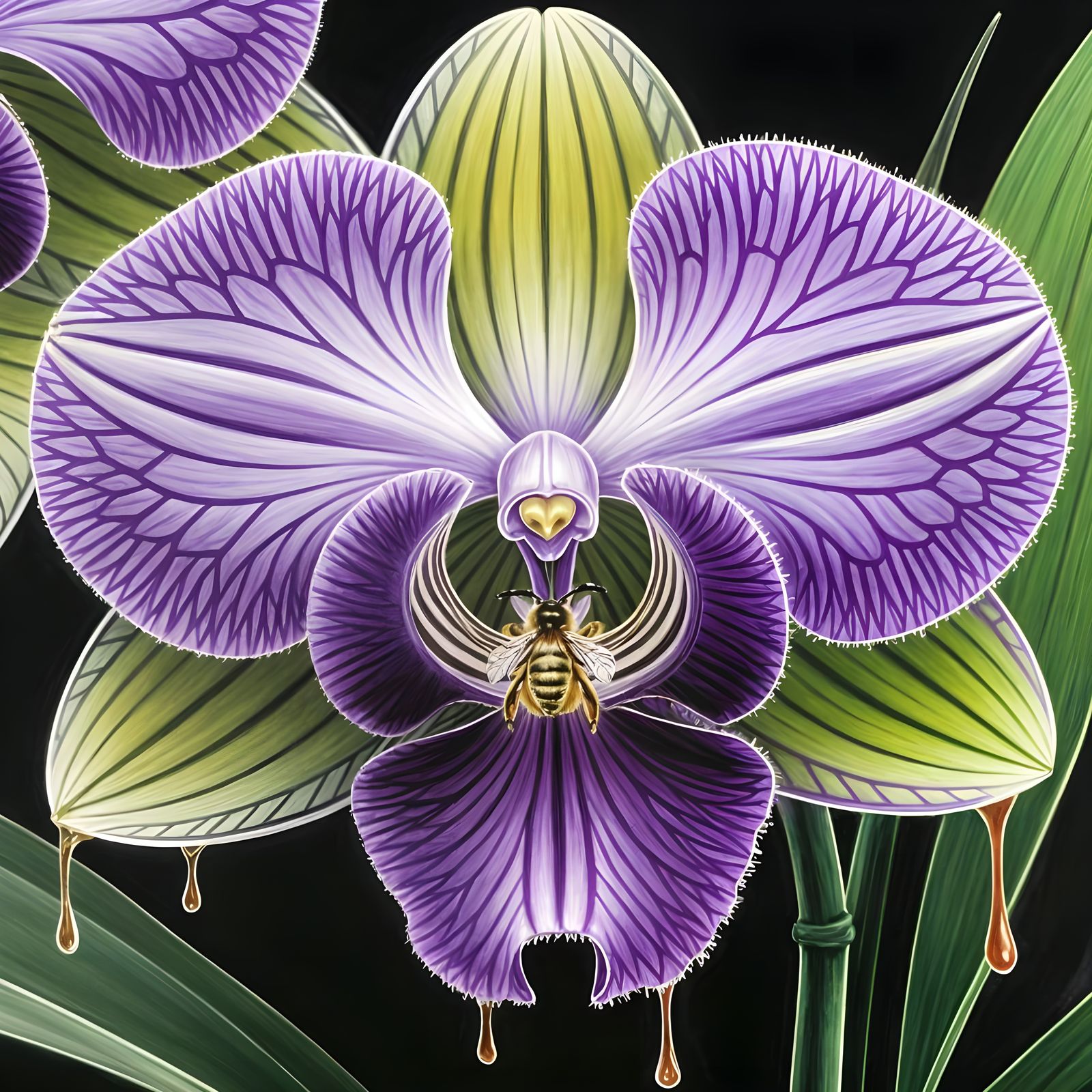 Gouache Impressionist Masterpiece of Honeybee and Wild Orchi...