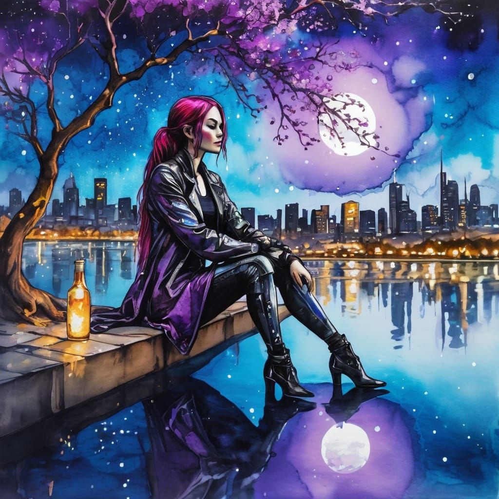 Ethereal Cyberpunk Goddess Under Starry Bloom