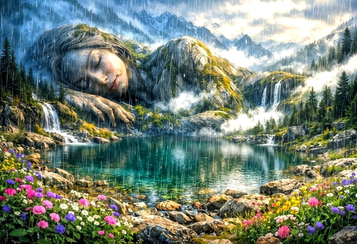 Sleeping Goddess Overlooking Mountain Lake in Spring Rain
