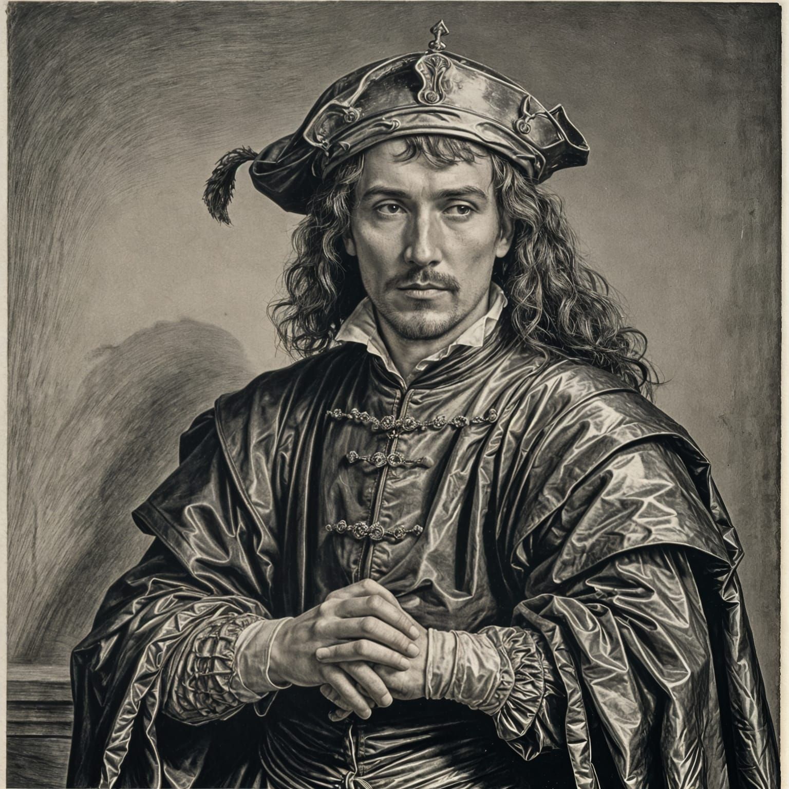 Hamlet Performer in Renaissance Engraving Style