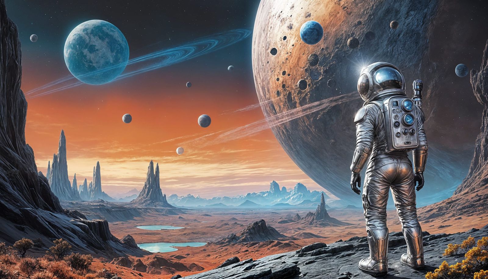 Retro-Futuristic Exoplanet Sunset in 1950s Sci-Fi Style