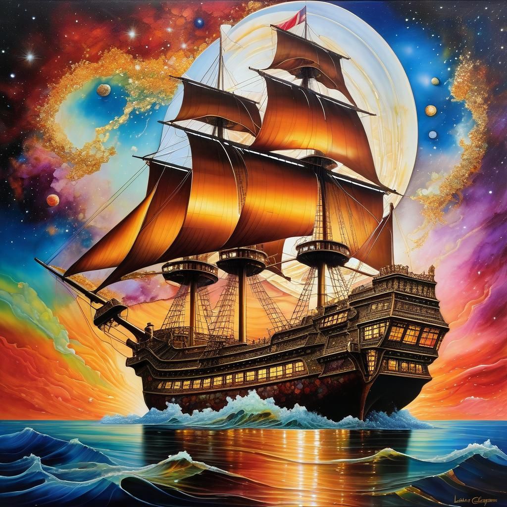 Dazzling Space Galleon Illuminated in Vibrant Alcohol Ink