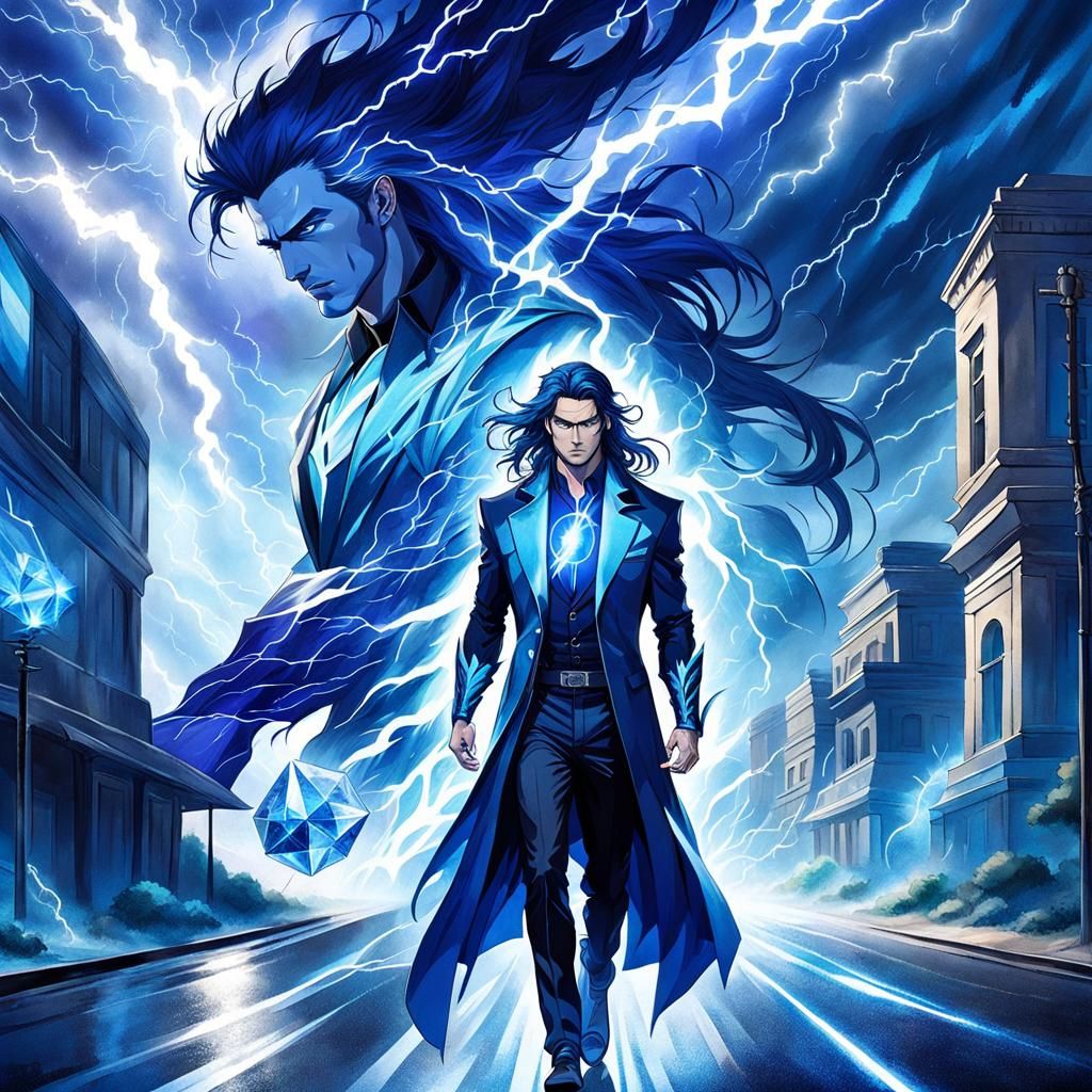 Blue-skinned man in sapphire road with lightning