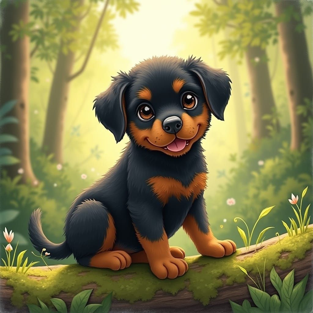 Whimsical Rottweiler Pup in Serene Forest