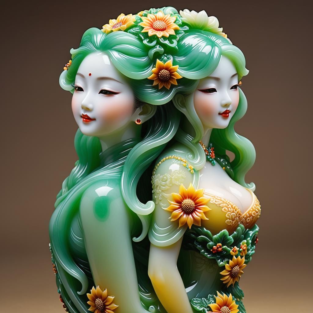 Woman Emerges from Jade Vase with Sunflower