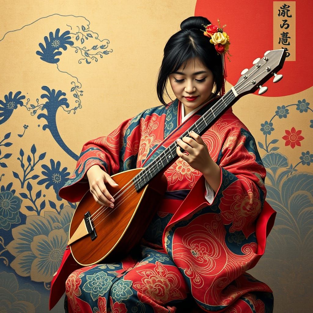 Musician in Vibrant Kimono Plays Shamisen