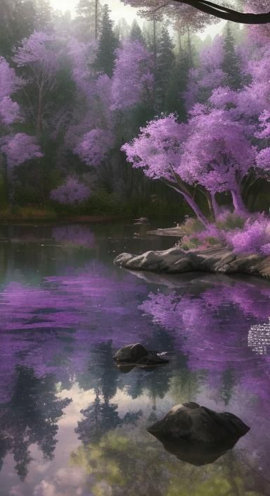 Ethereal lake with beautiful purple trees& realistic vibes& magical vibes& ethereal vibes& hyperdetailed intricately det...