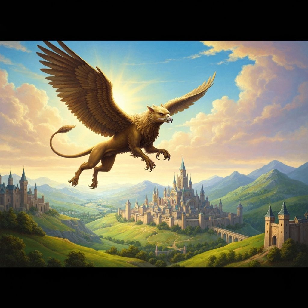 Griffin Soaring Over Medieval City, Renaissance Oil Painting