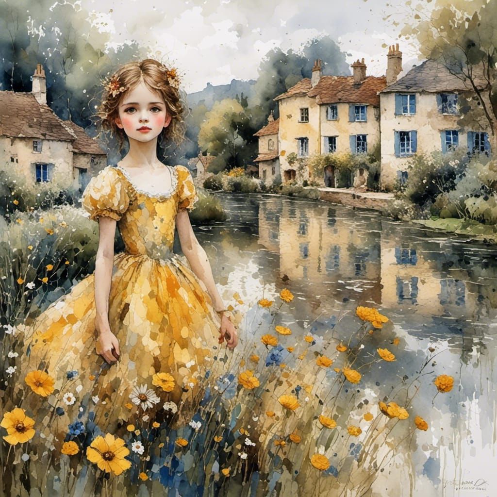 Victorian Girl Dancing in English Village as Impasto Paintin...