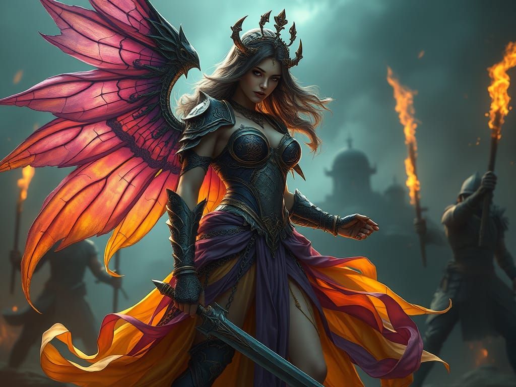 Dark Fantasy Warrior Maiden Summoning Men to Battle in Art N...