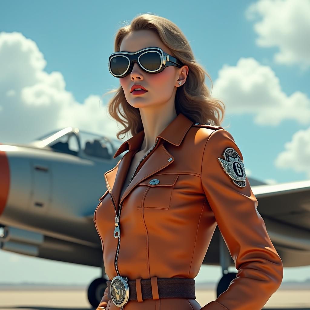 Glamorous Pilot in 50s Style with Jet Fighter