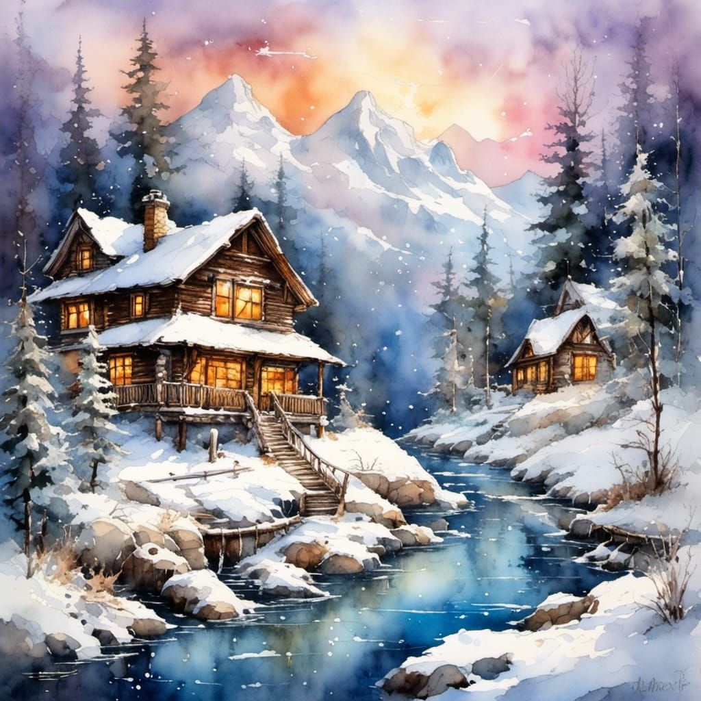 Winter Mountain Cabin in Watercolor Splash Art