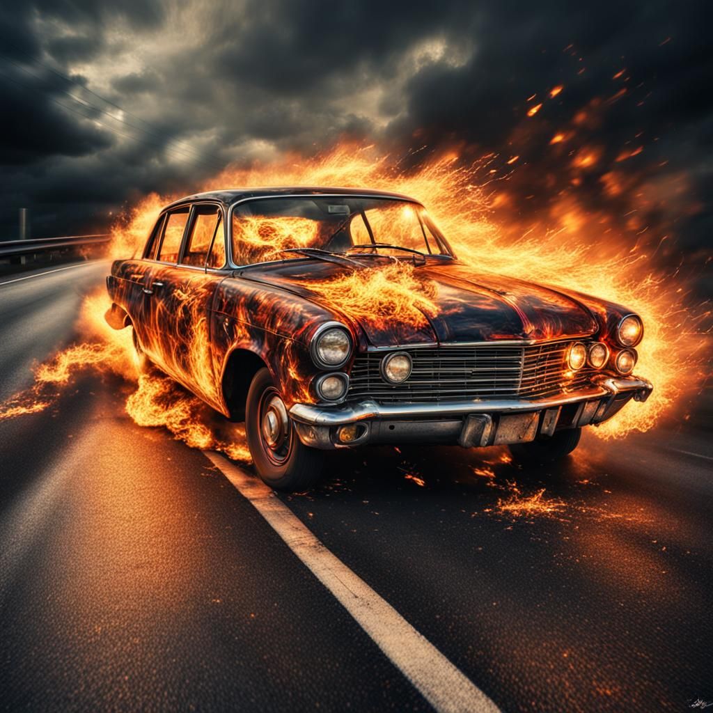 Exploding Car on Highway in Hyperrealistic Detail