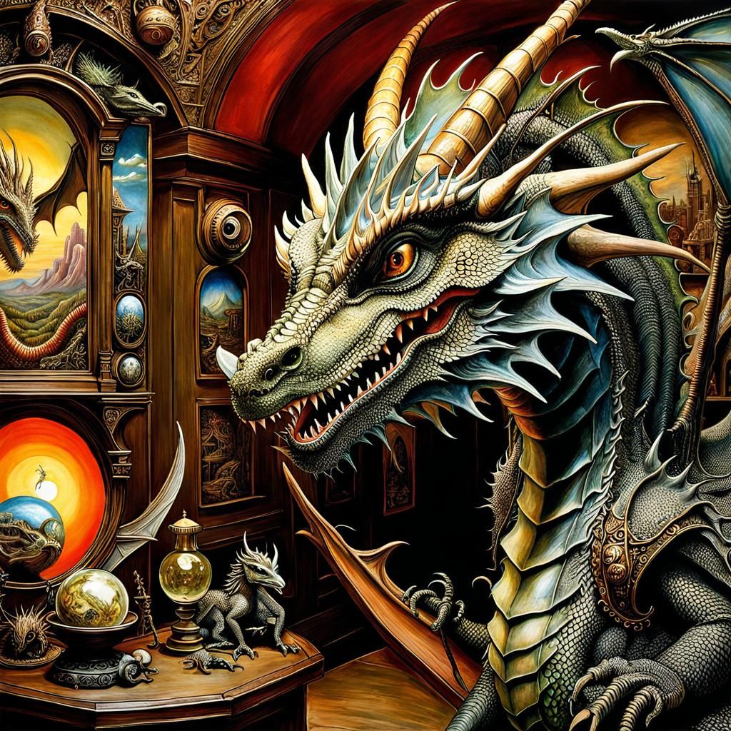 Dragons at Cryptid Museum: Detailed Fantasy Painting
