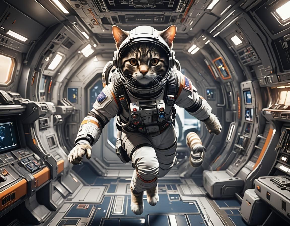 Cat in Space Suit Flying Spacecraft