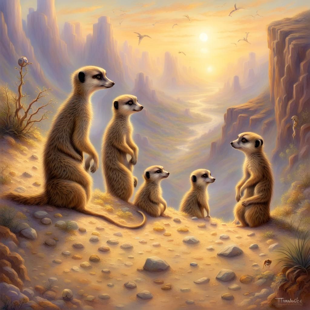 Meerkat Family in Desert Canyon, Kinkade Style
